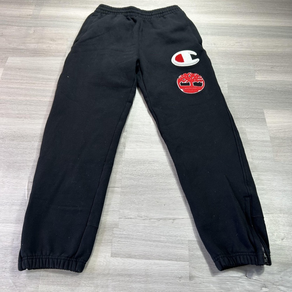 Champion x Timberland Sweatpants Mens Small Black Fleece Jogger Zip Cuff P4965